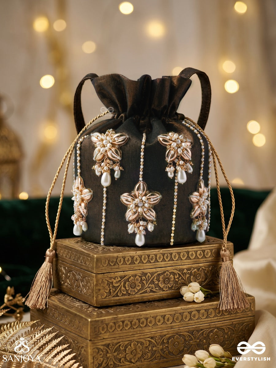 Rukhbano – Potli Espresso Satin Bag With Blossom Gem Detailing, Pearl Drop Embellishments And Drawstring Ties