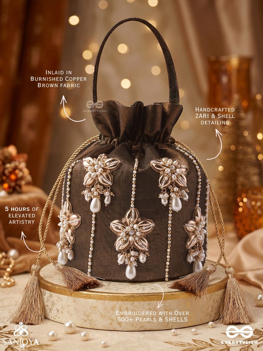 Rukhbano – Potli Espresso Satin Bag With Blossom Gem Detailing, Pearl Drop Embellishments And Drawstring Ties