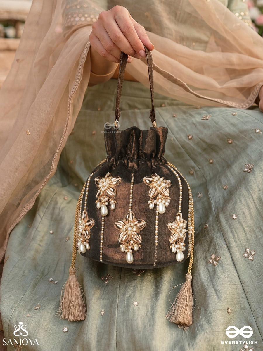 Rukhbano – Potli Espresso Satin Bag With Blossom Gem Detailing, Pearl Drop Embellishments And Drawstring Ties