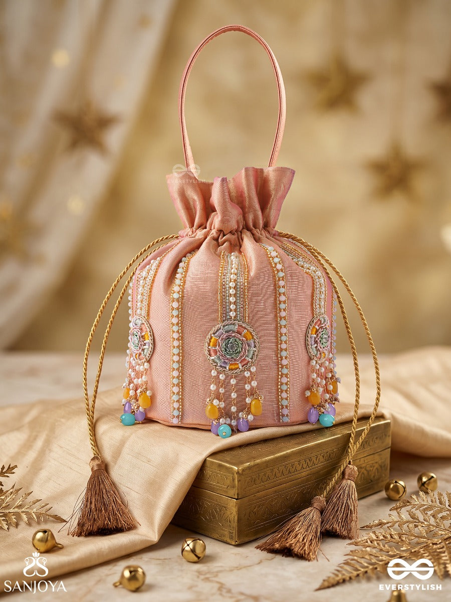 Kainaat – Potli Soft Peach Bag With Multistone Detailing, Jeweled Line Accents And Side Tassels