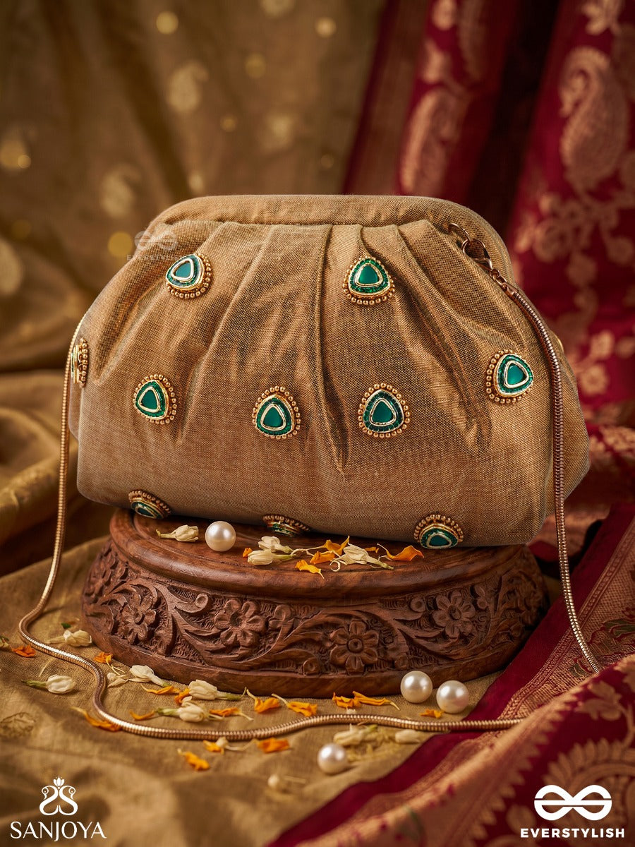 Tajdaar – Organza Camel Beige Clutch With Kundan Ornamentation, Gem Highlights And Puffed Structure