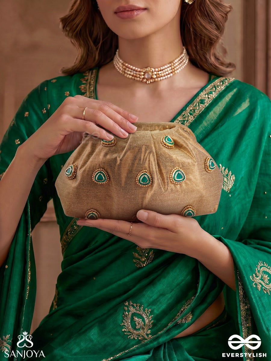 Tajdaar – Organza Camel Beige Clutch With Kundan Ornamentation, Gem Highlights And Puffed Structure