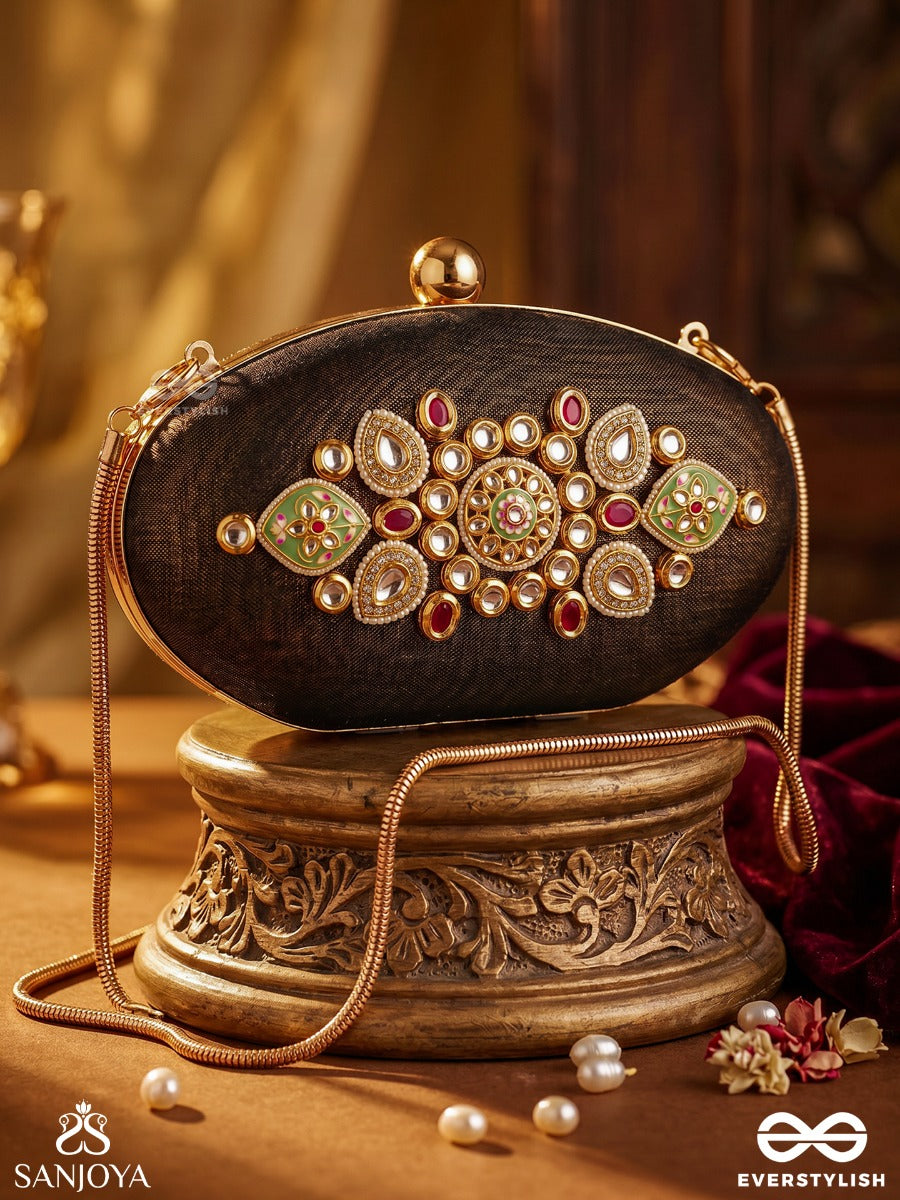 Darpan – Oval Antique Organza Bronze Clutch With Kundan Embellishment, Floral Enamel Work And Heirloom Details