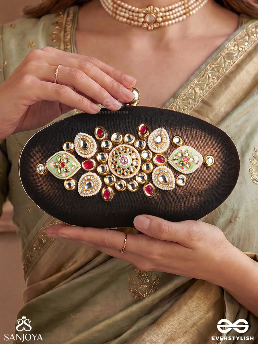 Darpan – Oval Antique Organza Bronze Clutch With Kundan Embellishment, Floral Enamel Work And Heirloom Details
