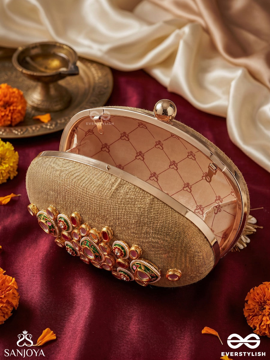 Riwayat – Oval Antique Bronze Silk Clutch With Heritage Kundan Work, Floral Enameling And Gem Accents