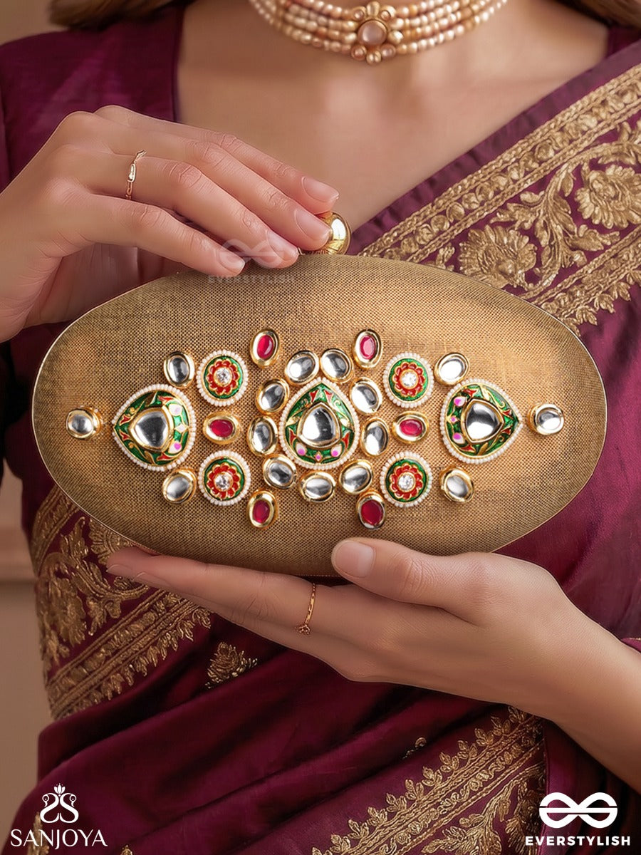 Riwayat – Oval Antique Bronze Silk Clutch With Heritage Kundan Work, Floral Enameling And Gem Accents