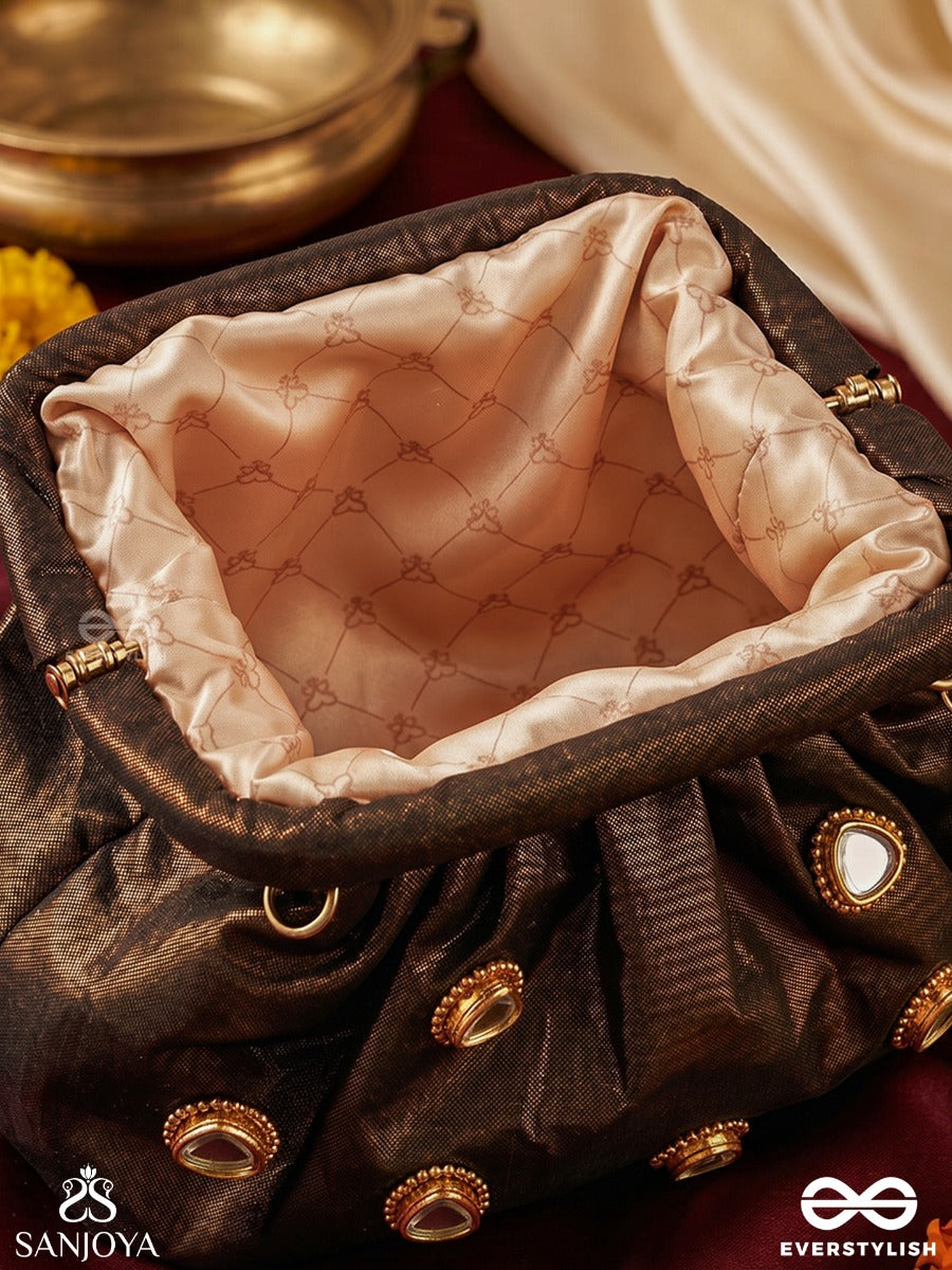 Raunaq – Cocoa Bronze Silk Clutch With Teardrop Kundan Embellishment, Antique Highlights And Gathered Silhouette