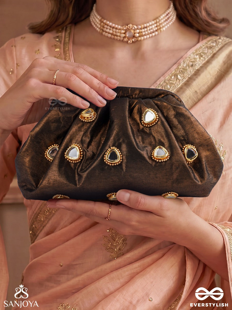Raunaq – Cocoa Bronze Silk Clutch With Teardrop Kundan Embellishment, Antique Highlights And Gathered Silhouette