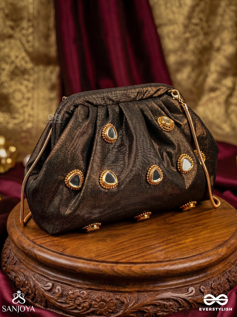 Raunaq – Cocoa Bronze Silk Clutch With Teardrop Kundan Embellishment, Antique Highlights And Gathered Silhouette