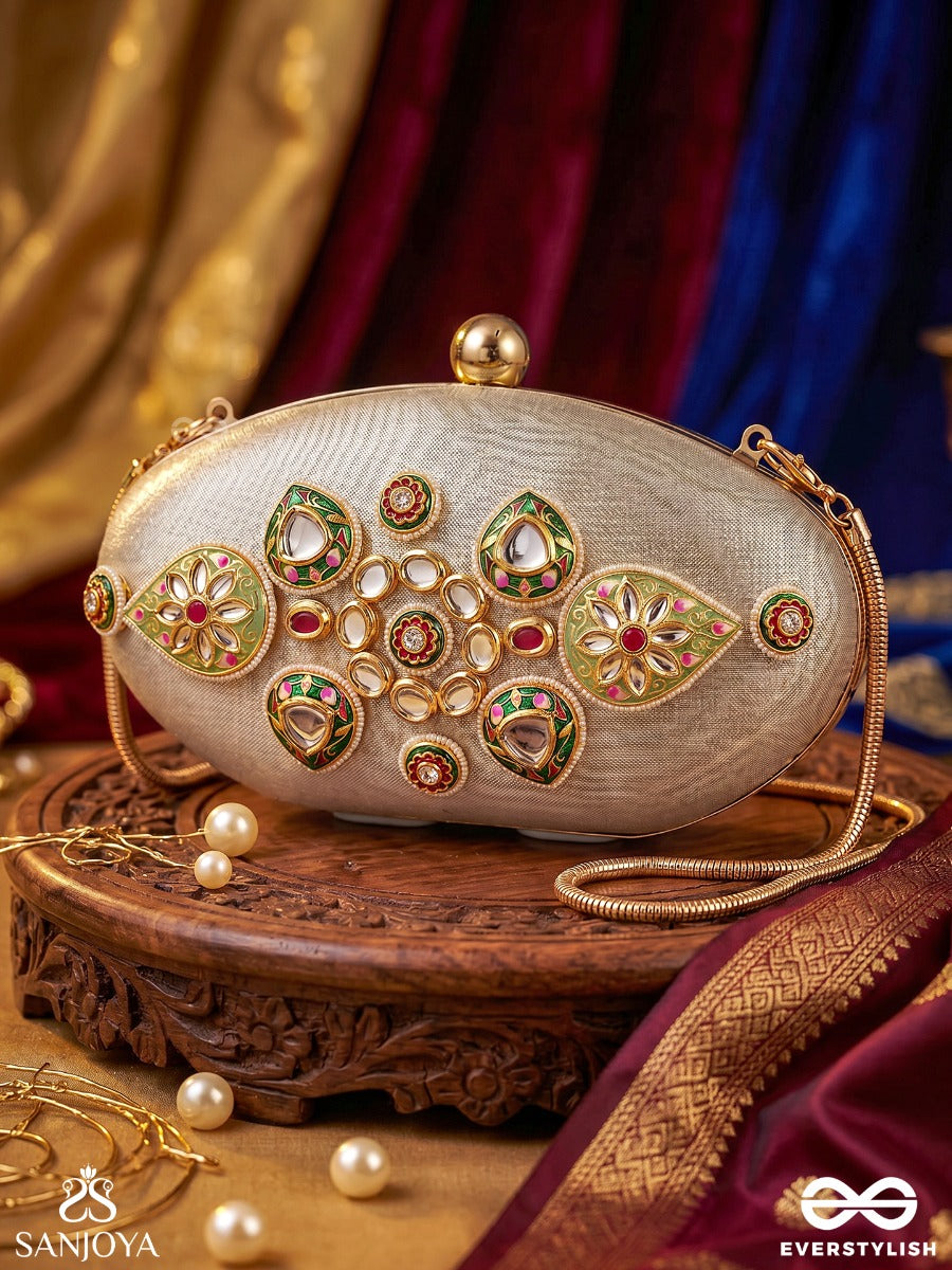 Shahgohar – Oval Ivory Silver Fabric Clutch With Kundan Cluster Design, Meenakari Embellishment And Floral Detailing