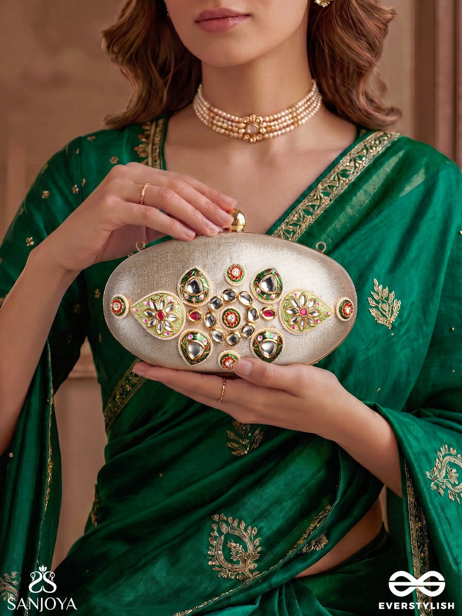 Shahgohar – Oval Ivory Silver Fabric Clutch With Kundan Cluster Design, Meenakari Embellishment And Floral Detailing
