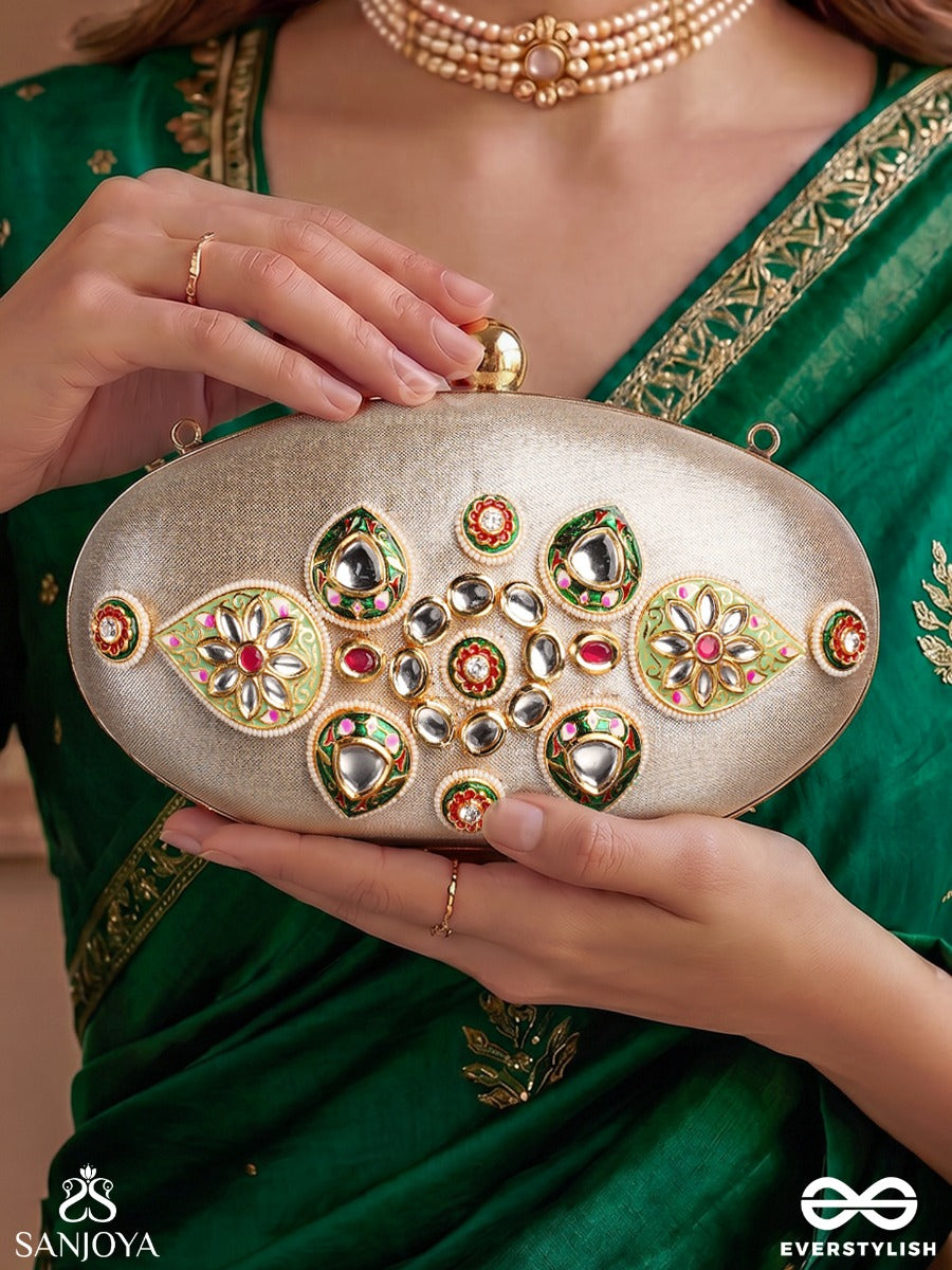 Shahgohar – Oval Ivory Silver Fabric Clutch With Kundan Cluster Design, Meenakari Embellishment And Floral Detailing